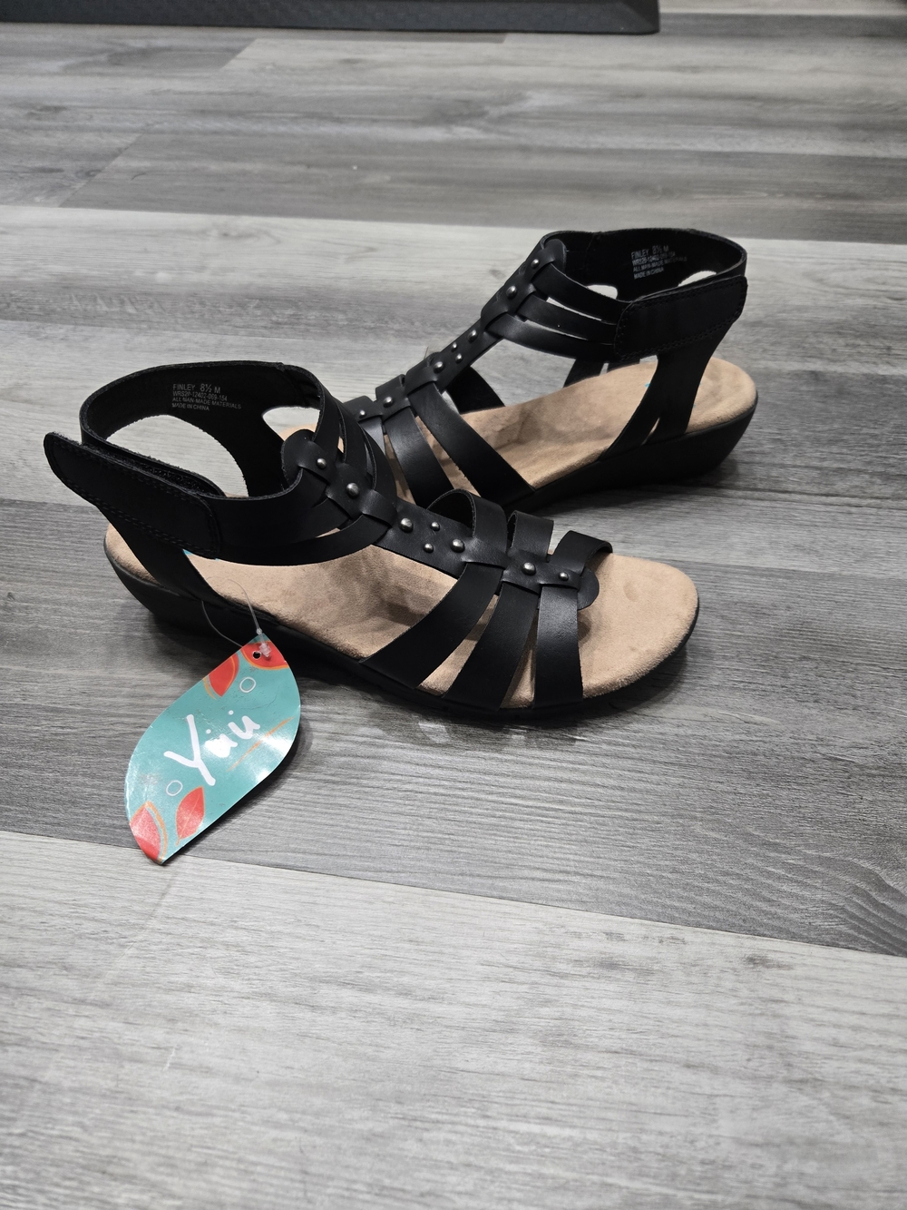 Yuu Black Strappy Studded Wedge Sandals